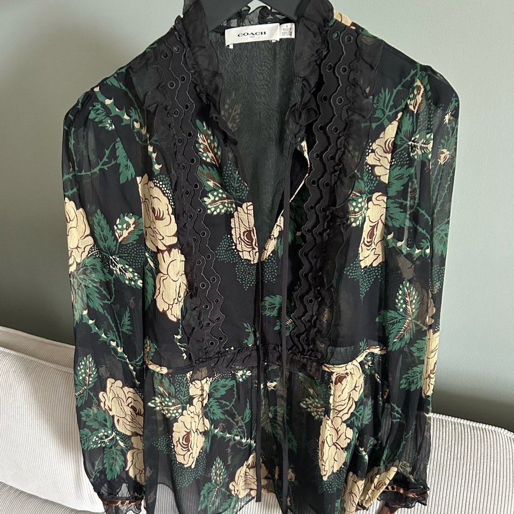 NEW Coach SILK Black Floral Blouse, 6